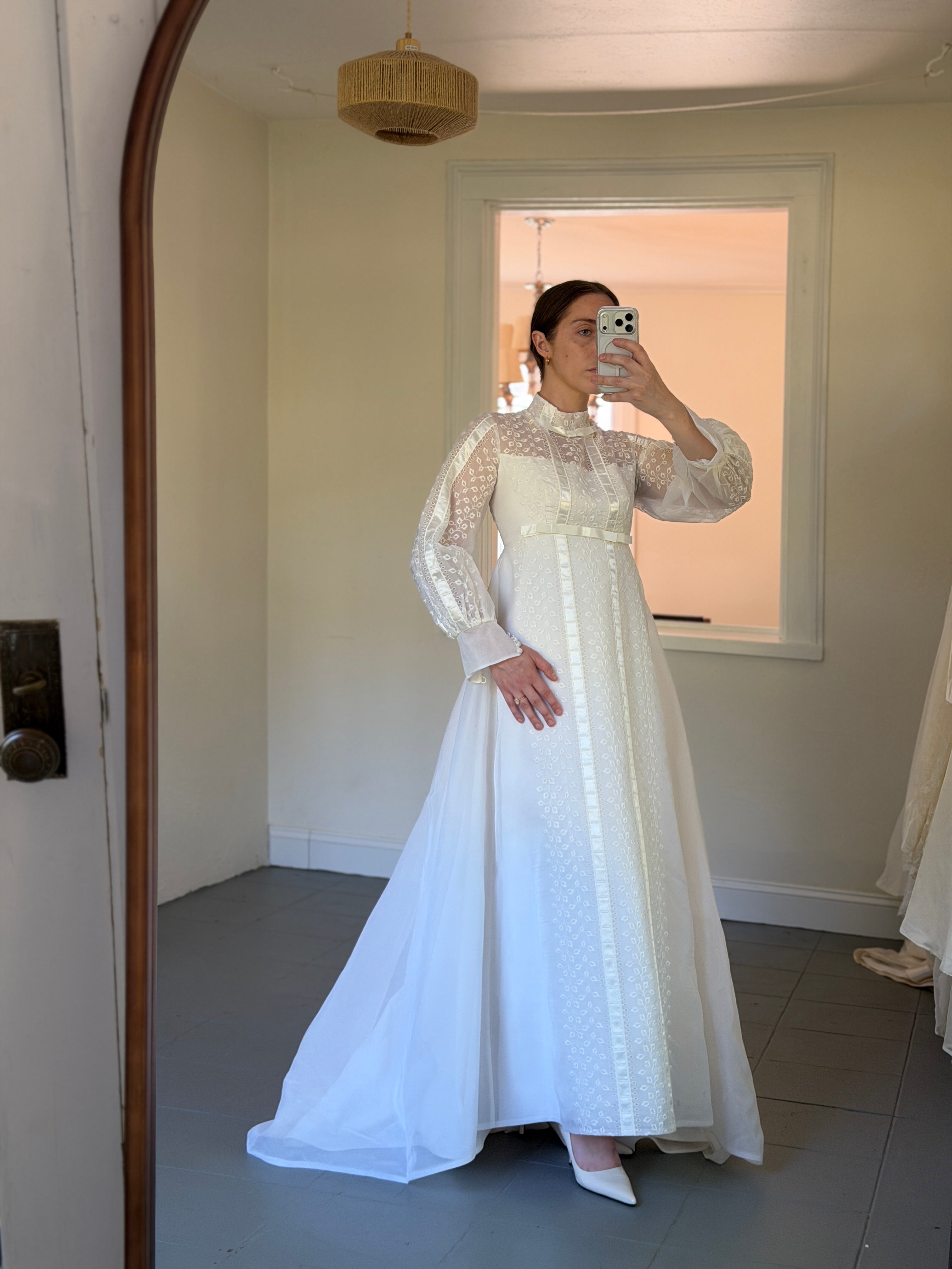empire waist vintage wedding dress 1960s Regency-Style Bridal Gown With Crochet Lace Appliqu Very Breezy feminine proportion reminiscent of classic period gowns Empire Silhouette Wedding Dresses |