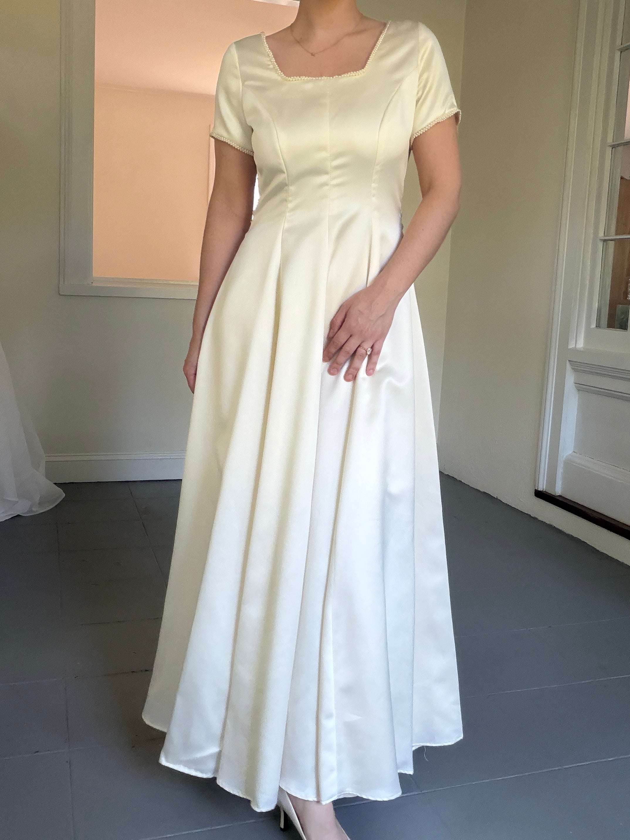 Vintage Handmade 1997 Cap Sleeve Gown With Pearl Trim
