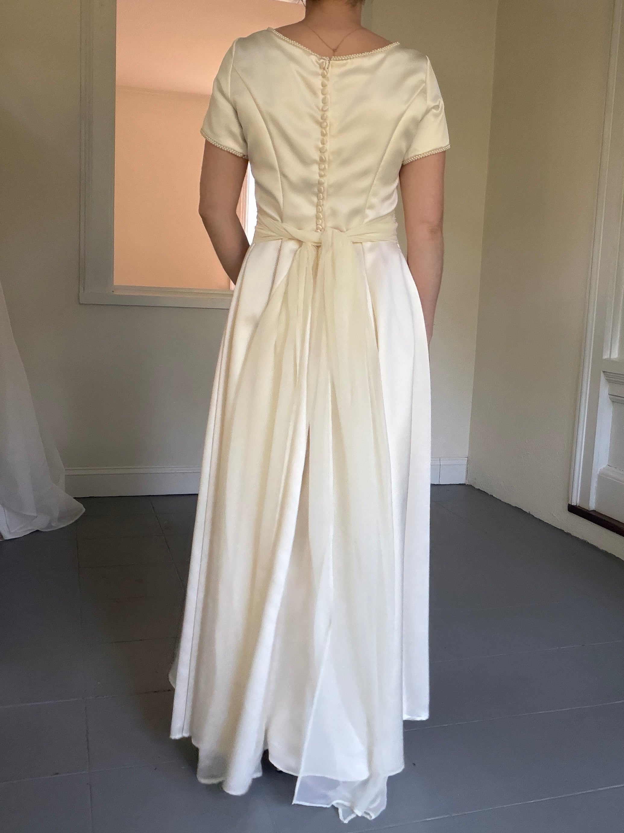 Vintage Handmade 1997 Cap Sleeve Gown With Pearl Trim