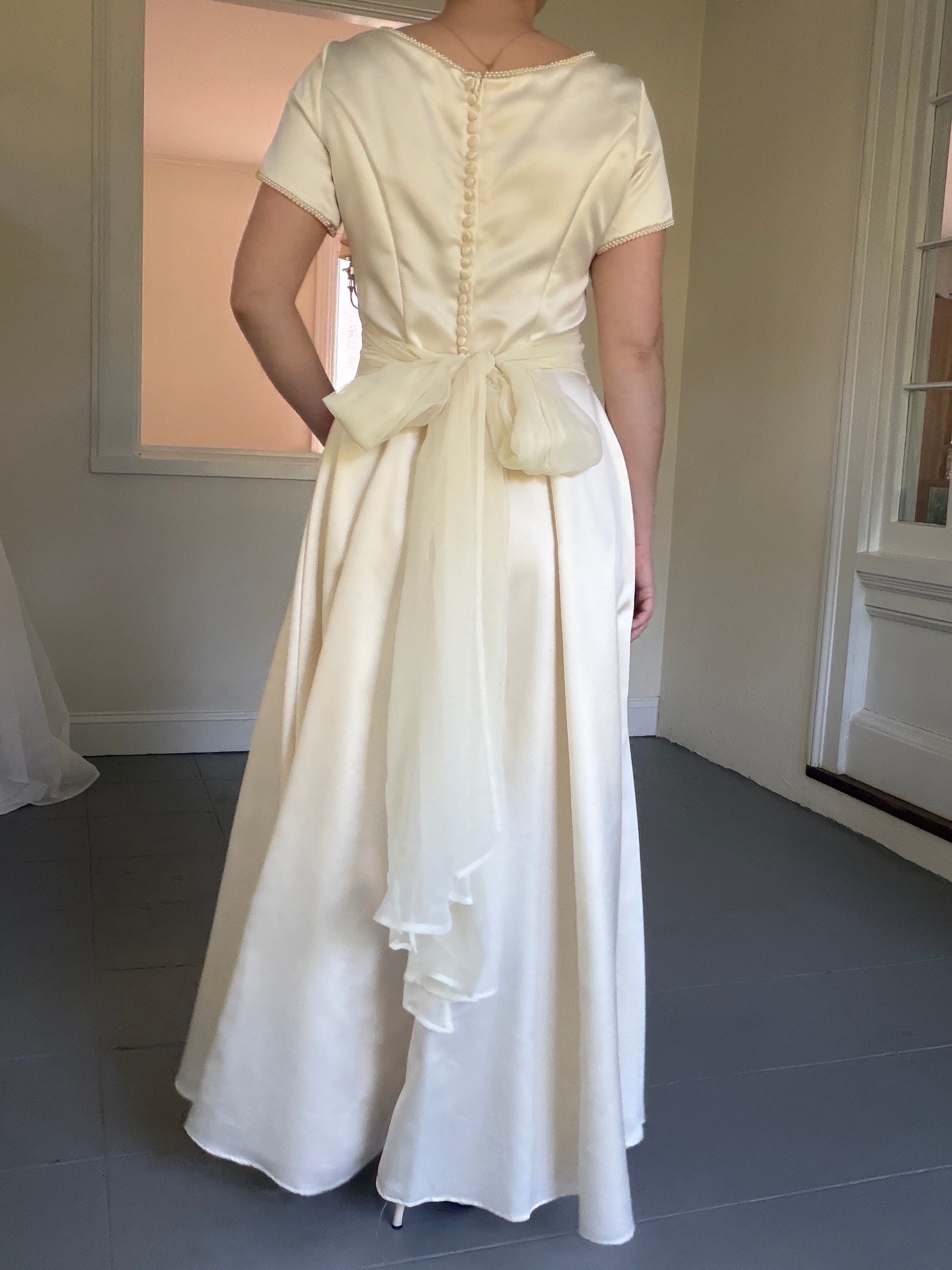 Vintage Handmade 1997 Cap Sleeve Gown With Pearl Trim