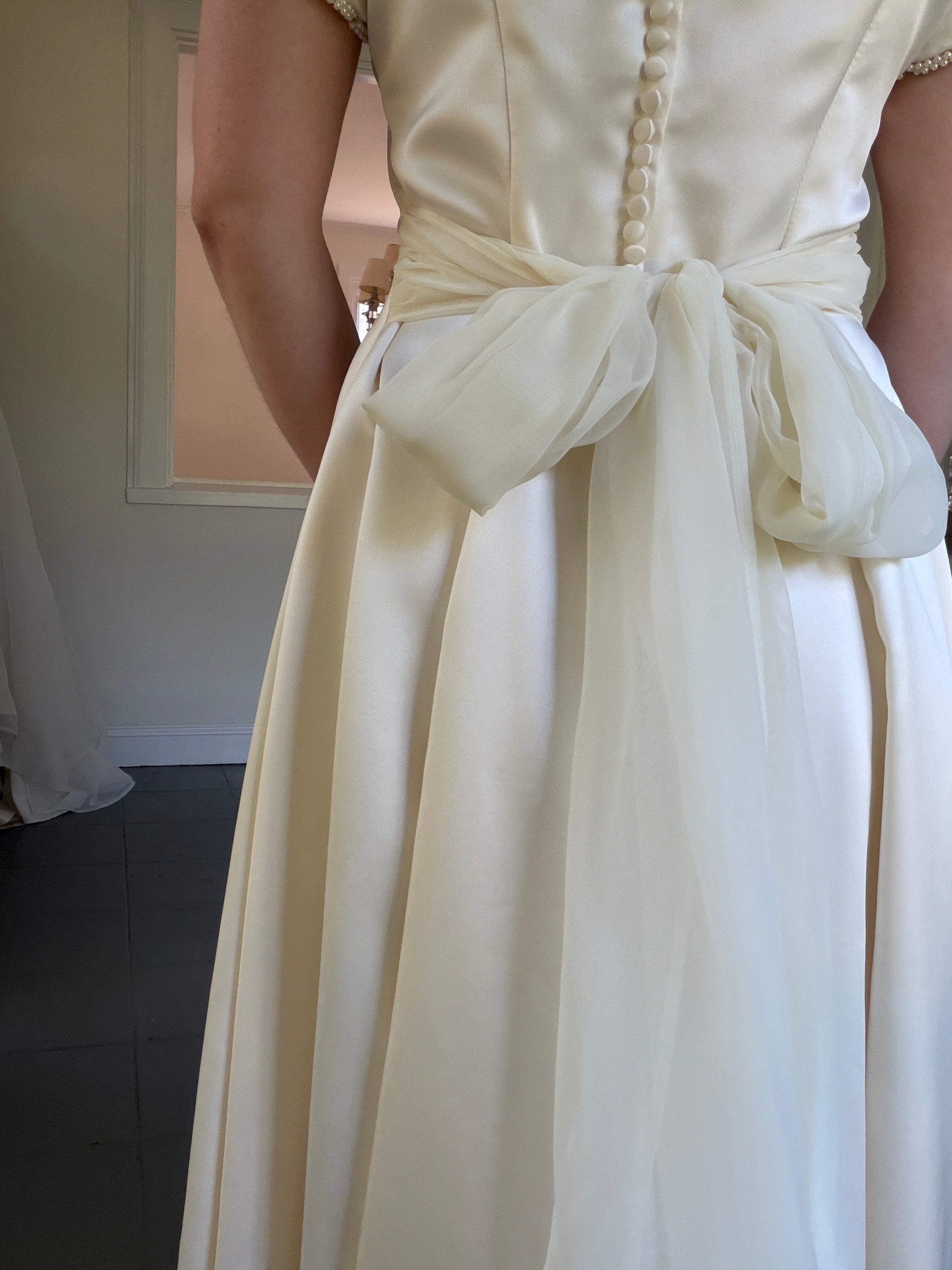 Vintage Handmade 1997 Cap Sleeve Gown With Pearl Trim