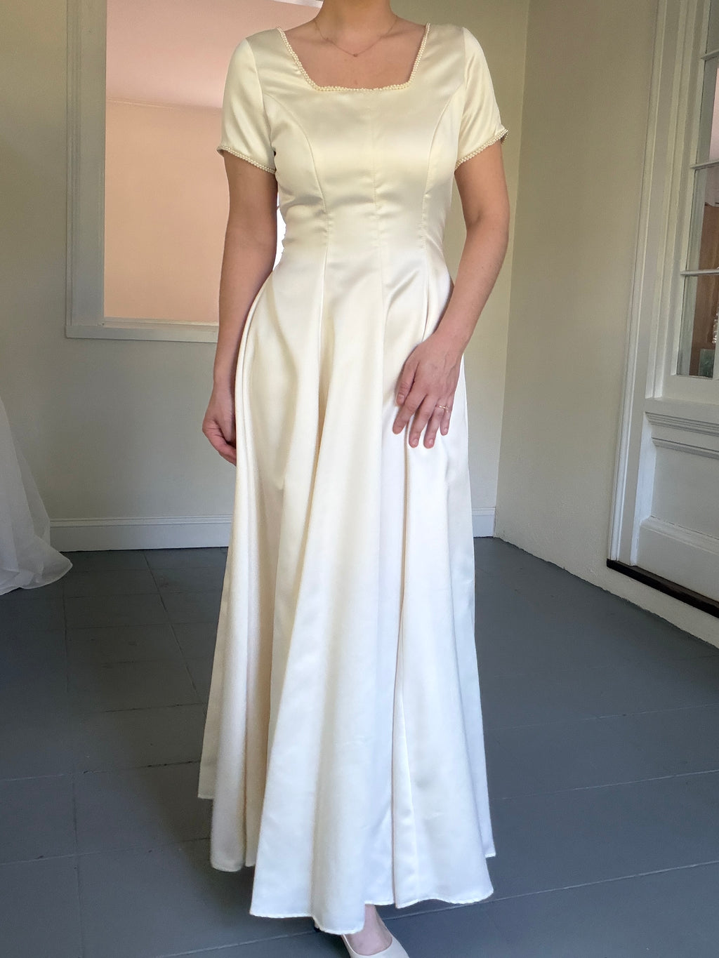 Vintage Handmade 1997 Cap Sleeve Gown With Pearl Trim