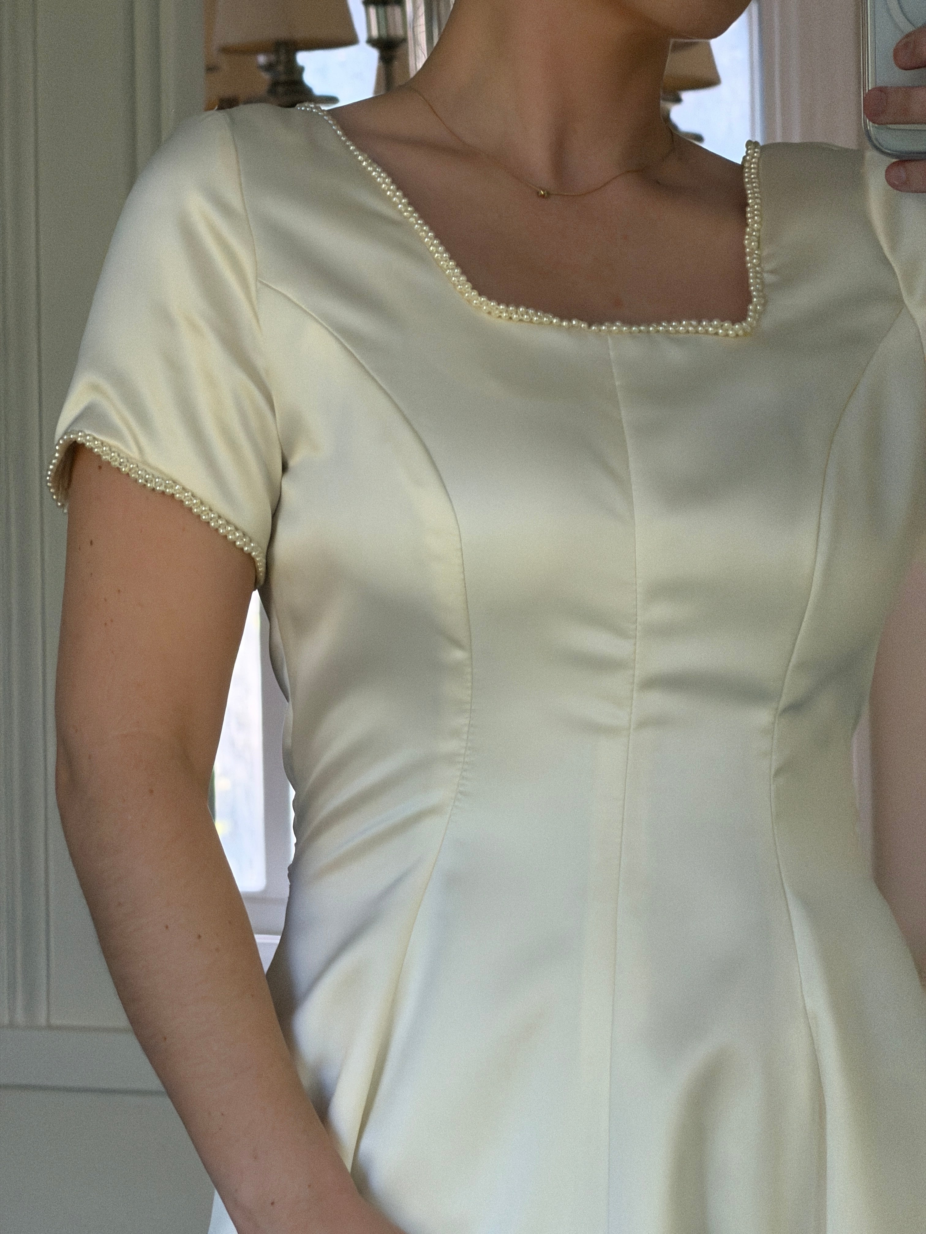 Vintage Handmade 1997 Cap Sleeve Gown With Pearl Trim