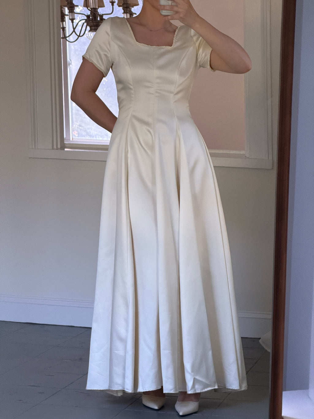 Vintage Handmade 1997 Cap Sleeve Gown With Pearl Trim