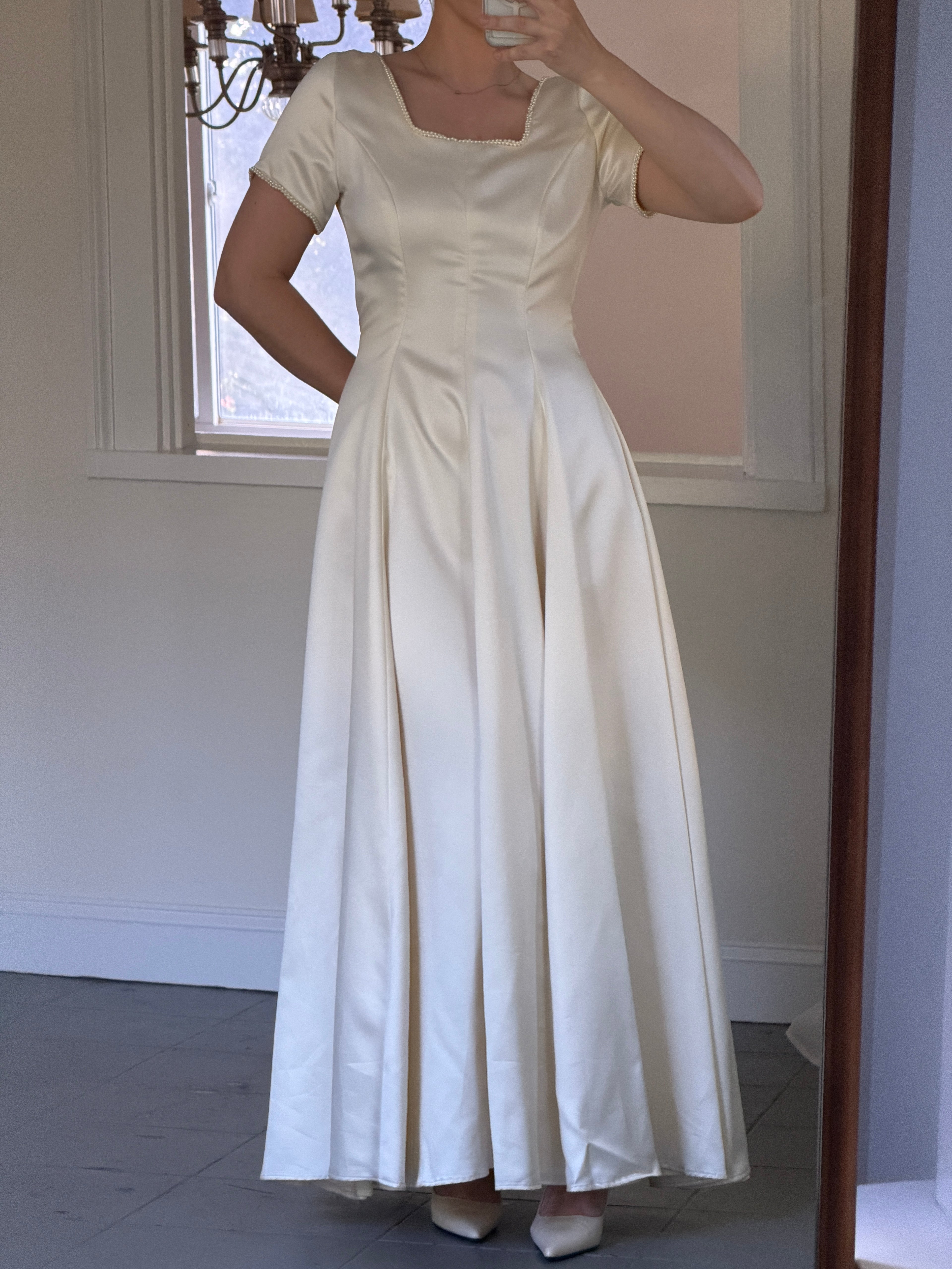 Vintage Handmade 1997 Cap Sleeve Gown With Pearl Trim