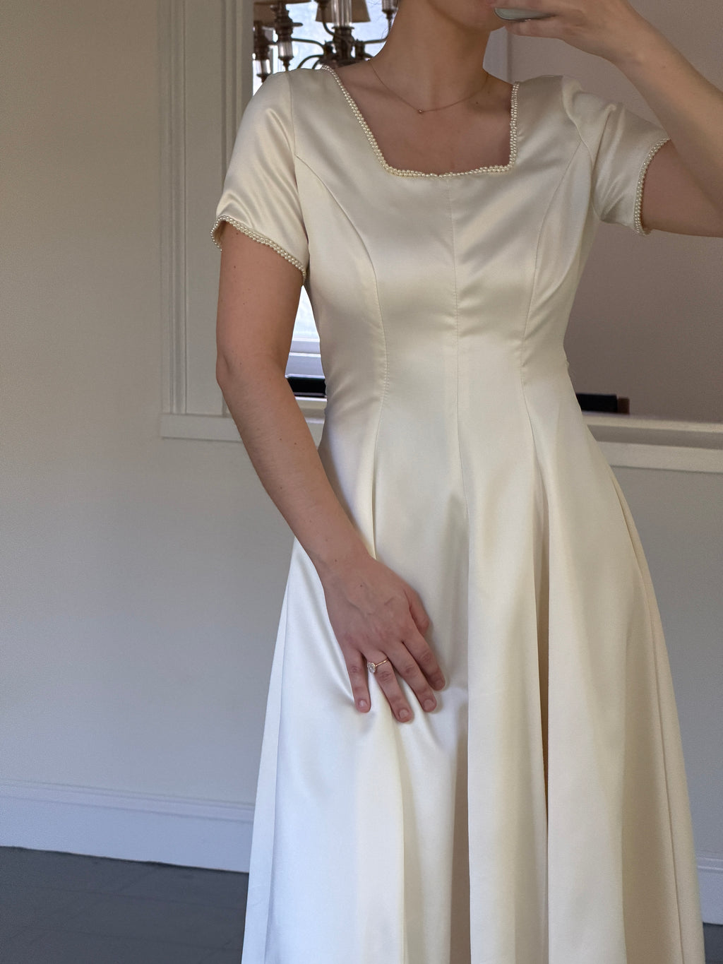 Vintage Handmade 1997 Cap Sleeve Gown With Pearl Trim