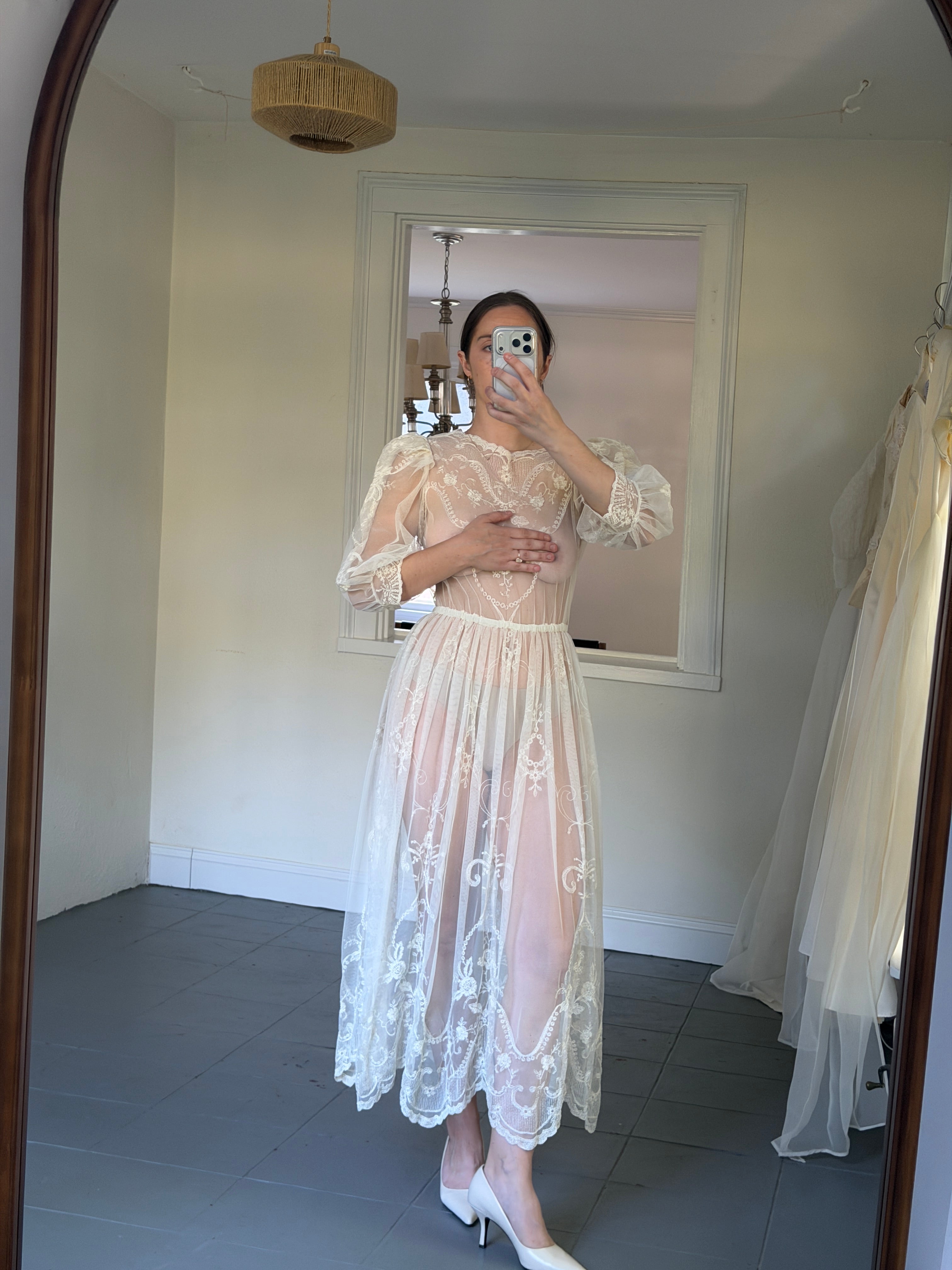 Vintage 70s Sheer Embroidered Mesh 3/4 Length Sleeve Midi
