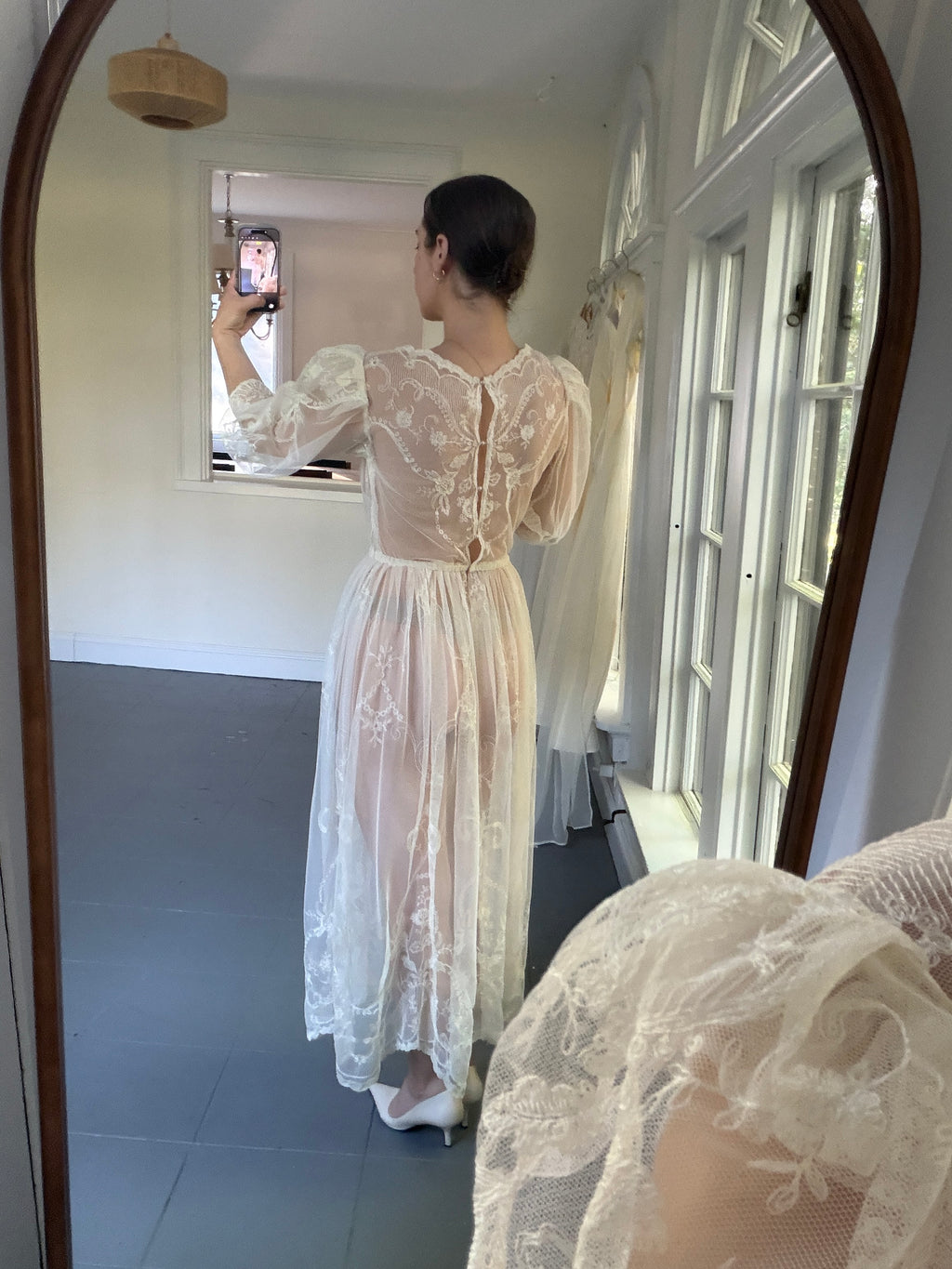 Vintage 70s Sheer Embroidered Mesh 3/4 Length Sleeve Midi