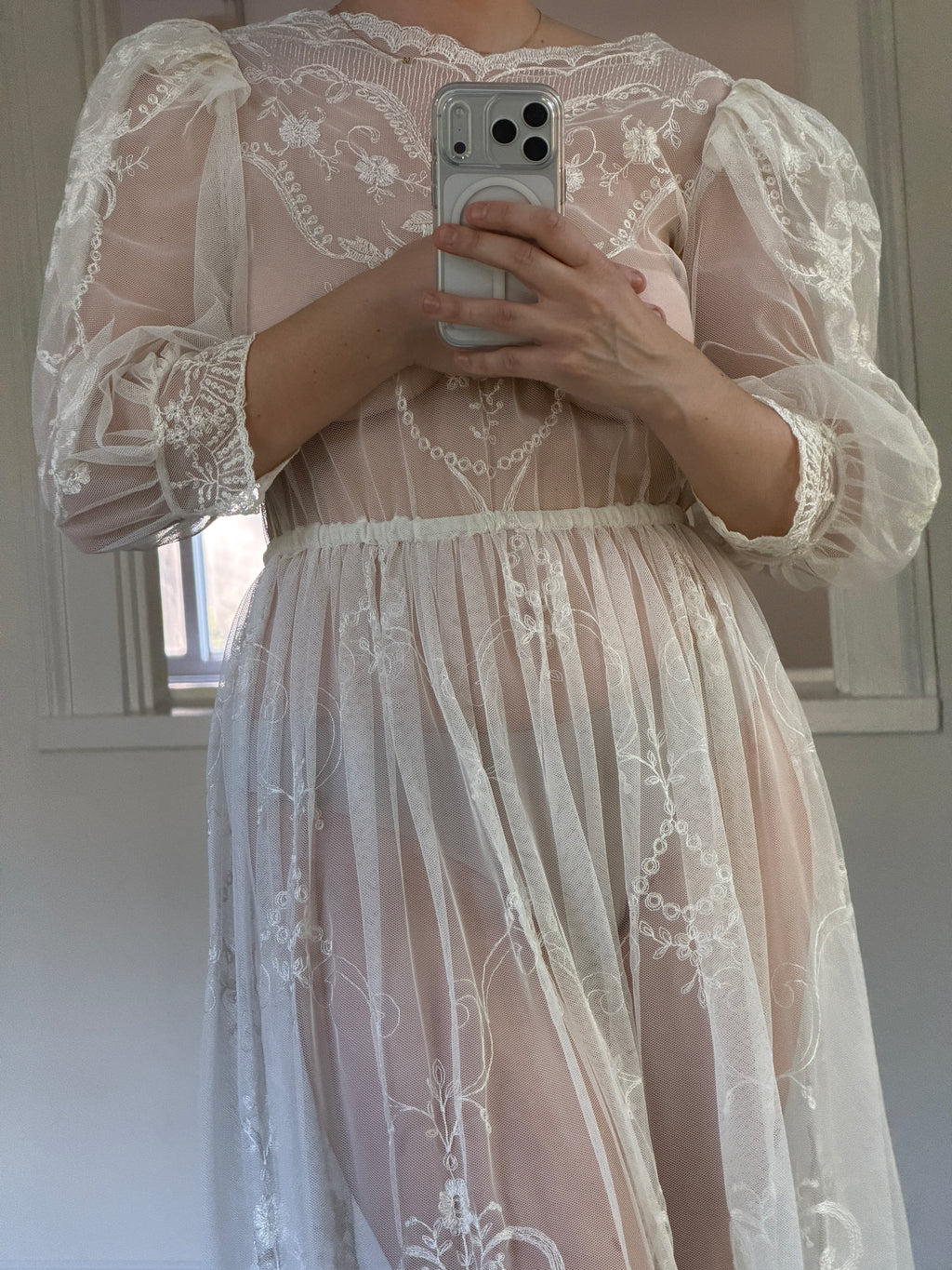 Vintage 70s Sheer Embroidered Mesh 3/4 Length Sleeve Midi