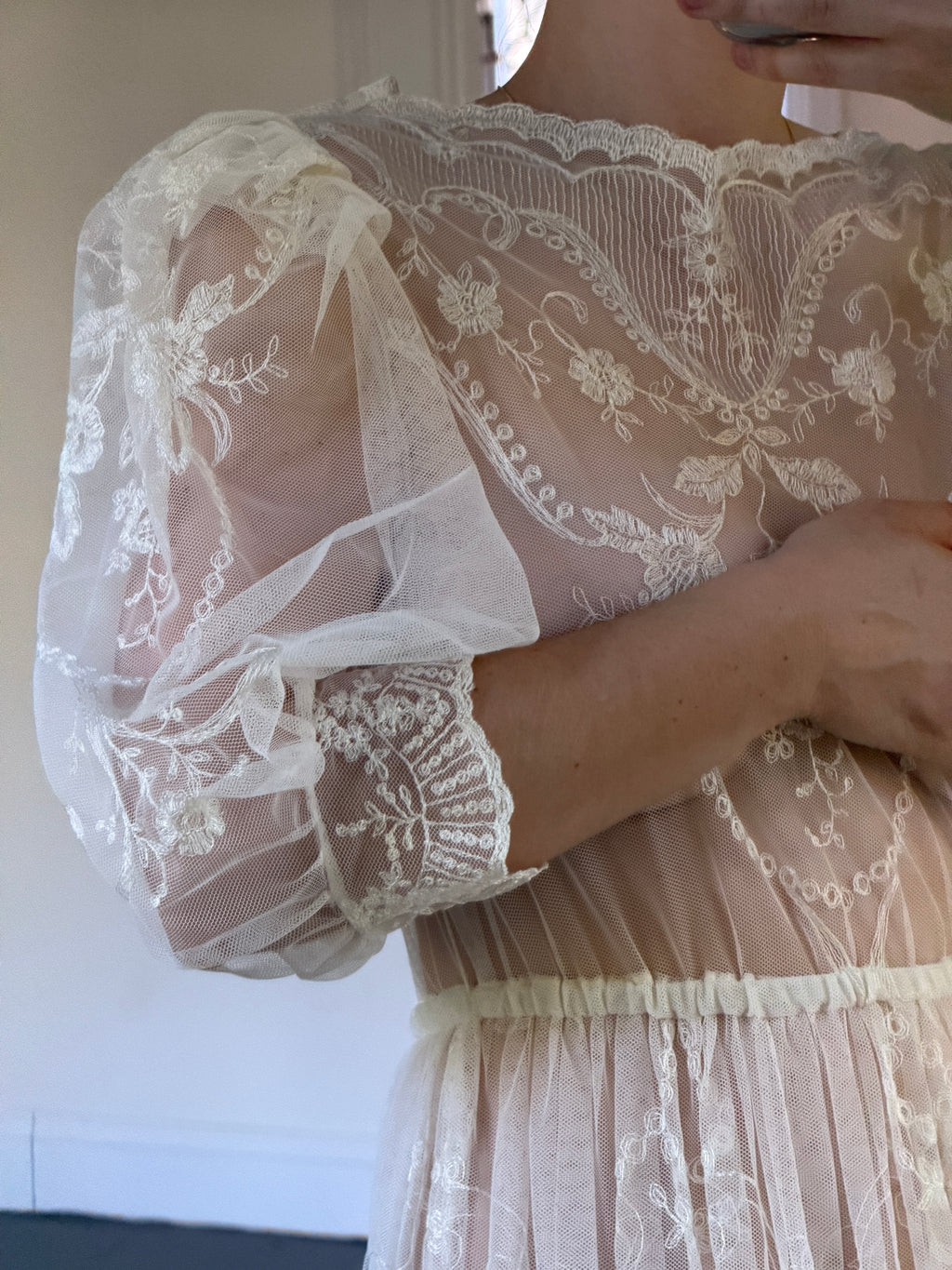Vintage 70s Sheer Embroidered Mesh 3/4 Length Sleeve Midi