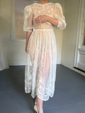 Vintage 70s Sheer Embroidered Mesh 3/4 Length Sleeve Midi