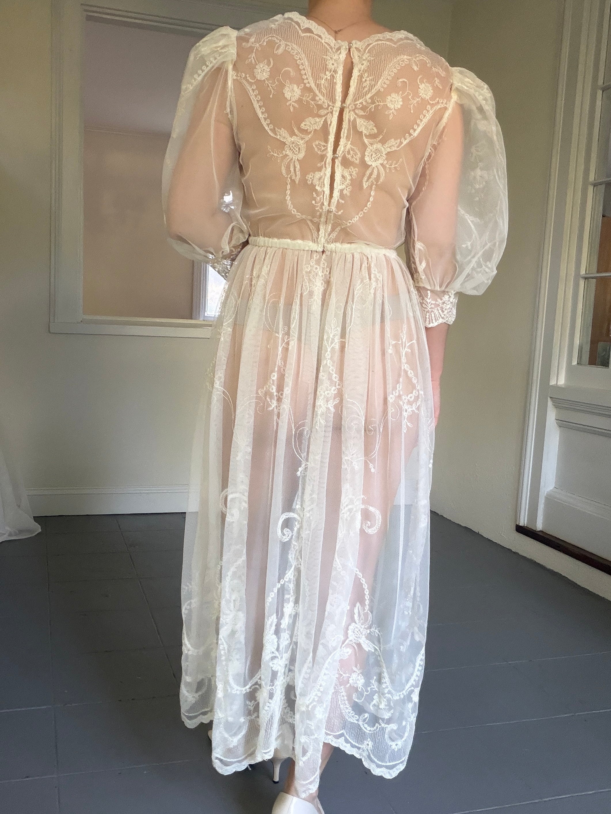 Vintage 70s Sheer Embroidered Mesh 3/4 Length Sleeve Midi