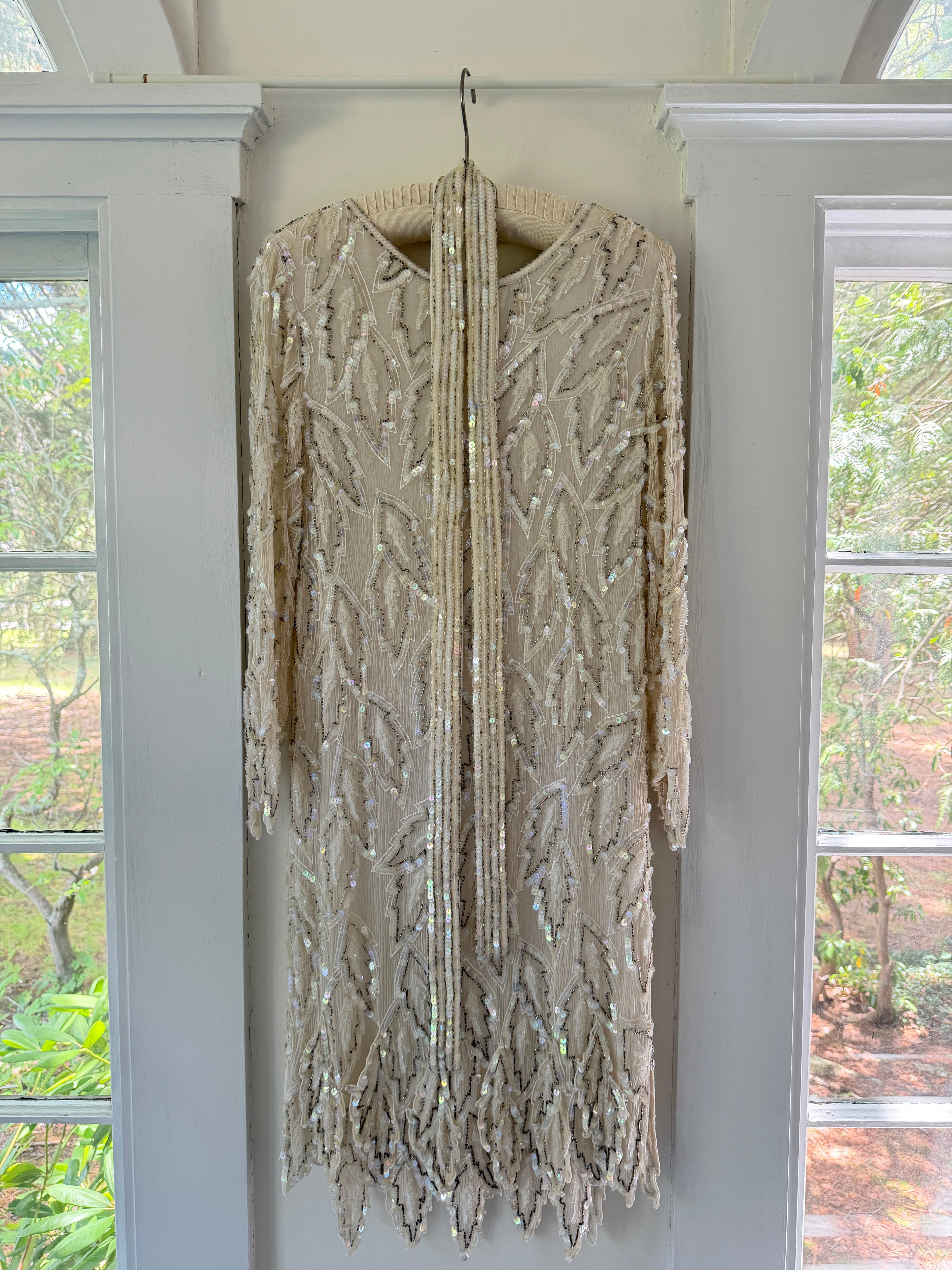 Vintage 80s 100% Silk Beaded Mini Dress With Handkerchief Hem