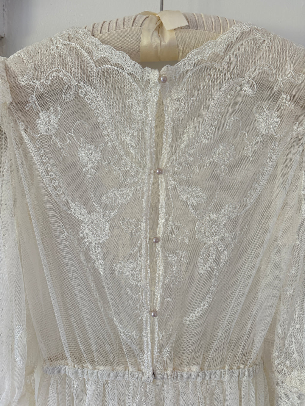 Vintage 70s Sheer Embroidered Mesh 3/4 Length Sleeve Midi