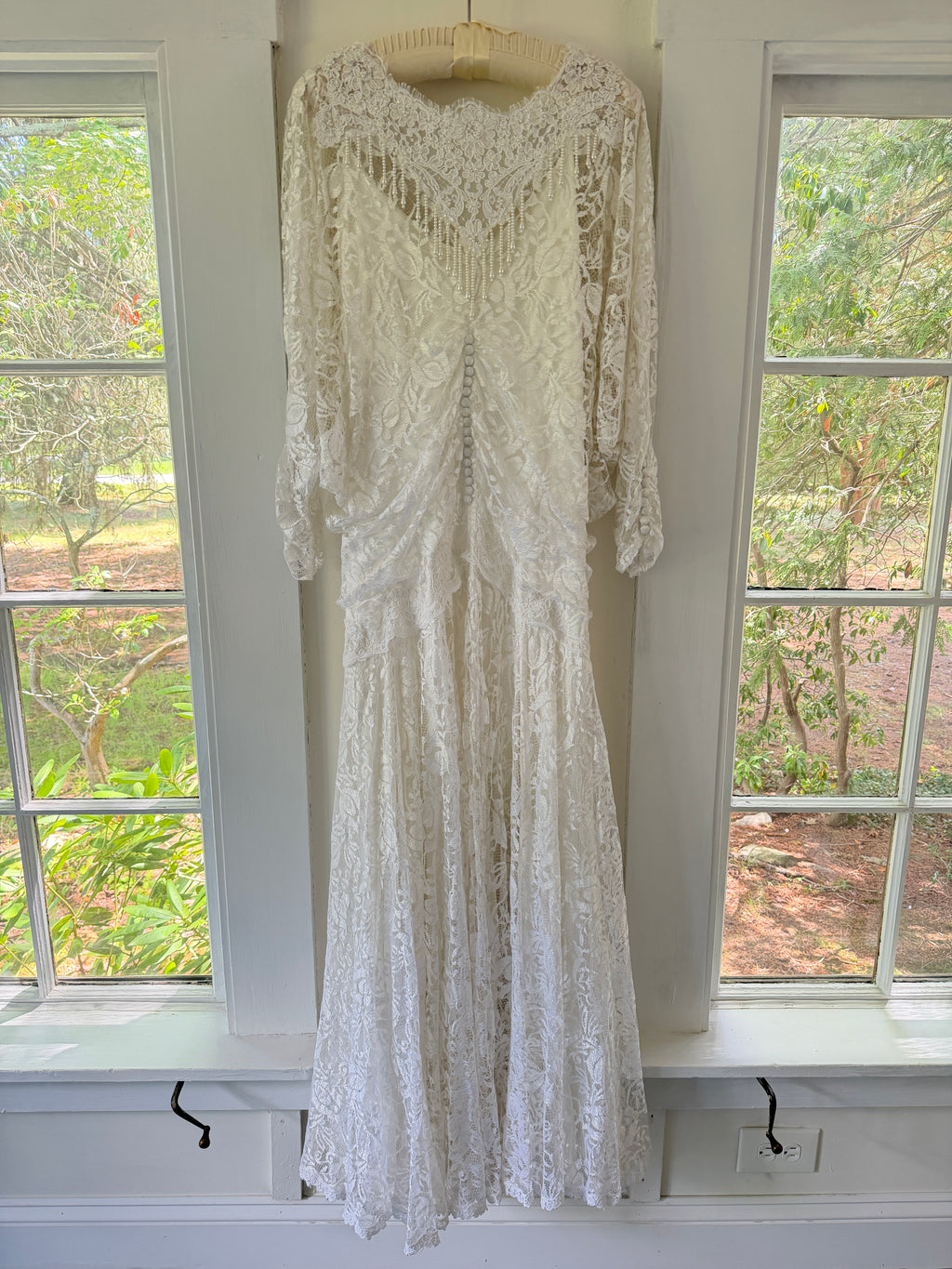 Vintage 80s Chantilly Lace Drop-Waist Dress With Pearl Fringe