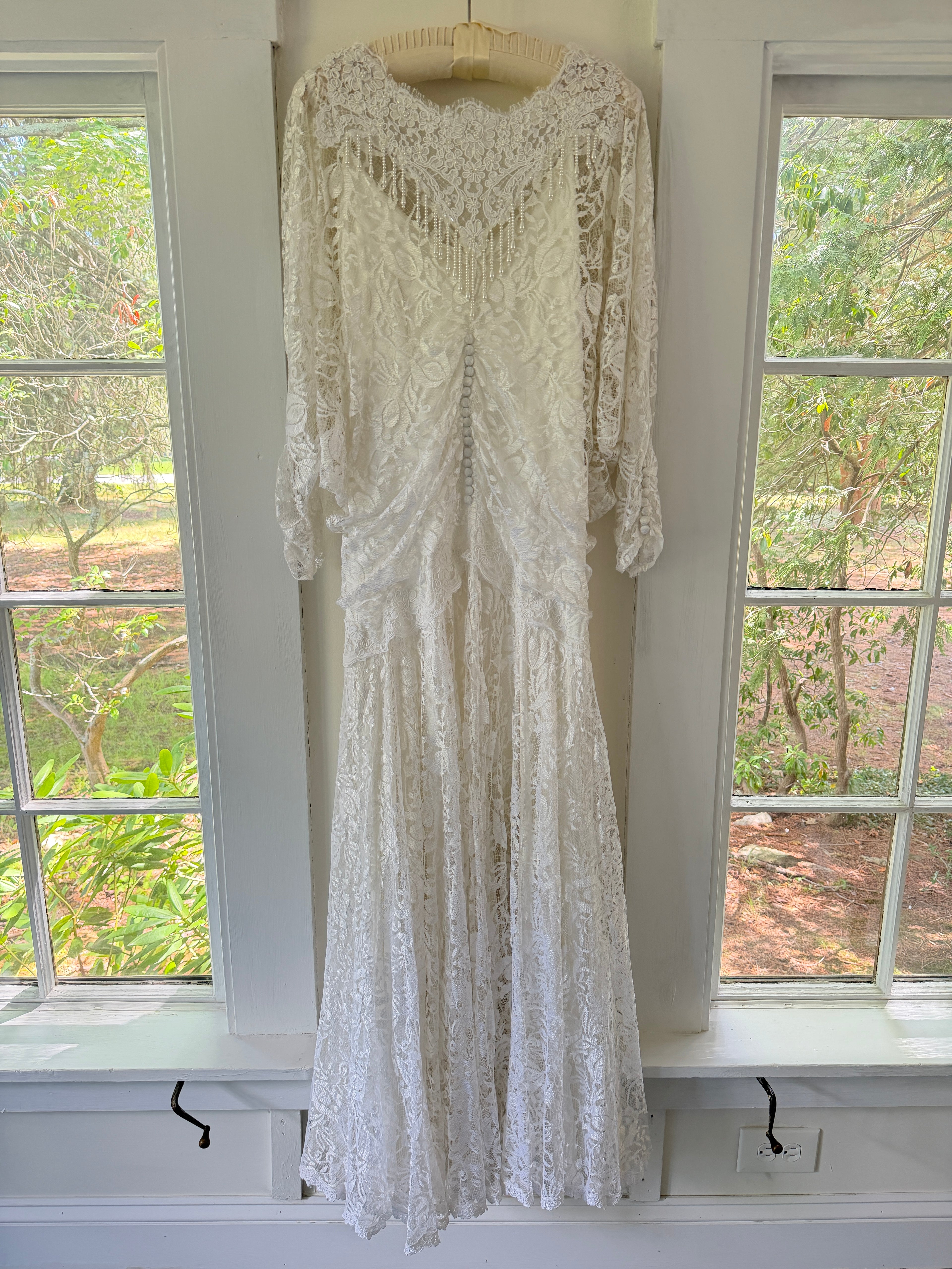 Vintage 80s Chantilly Lace Drop-Waist Dress With Pearl Fringe