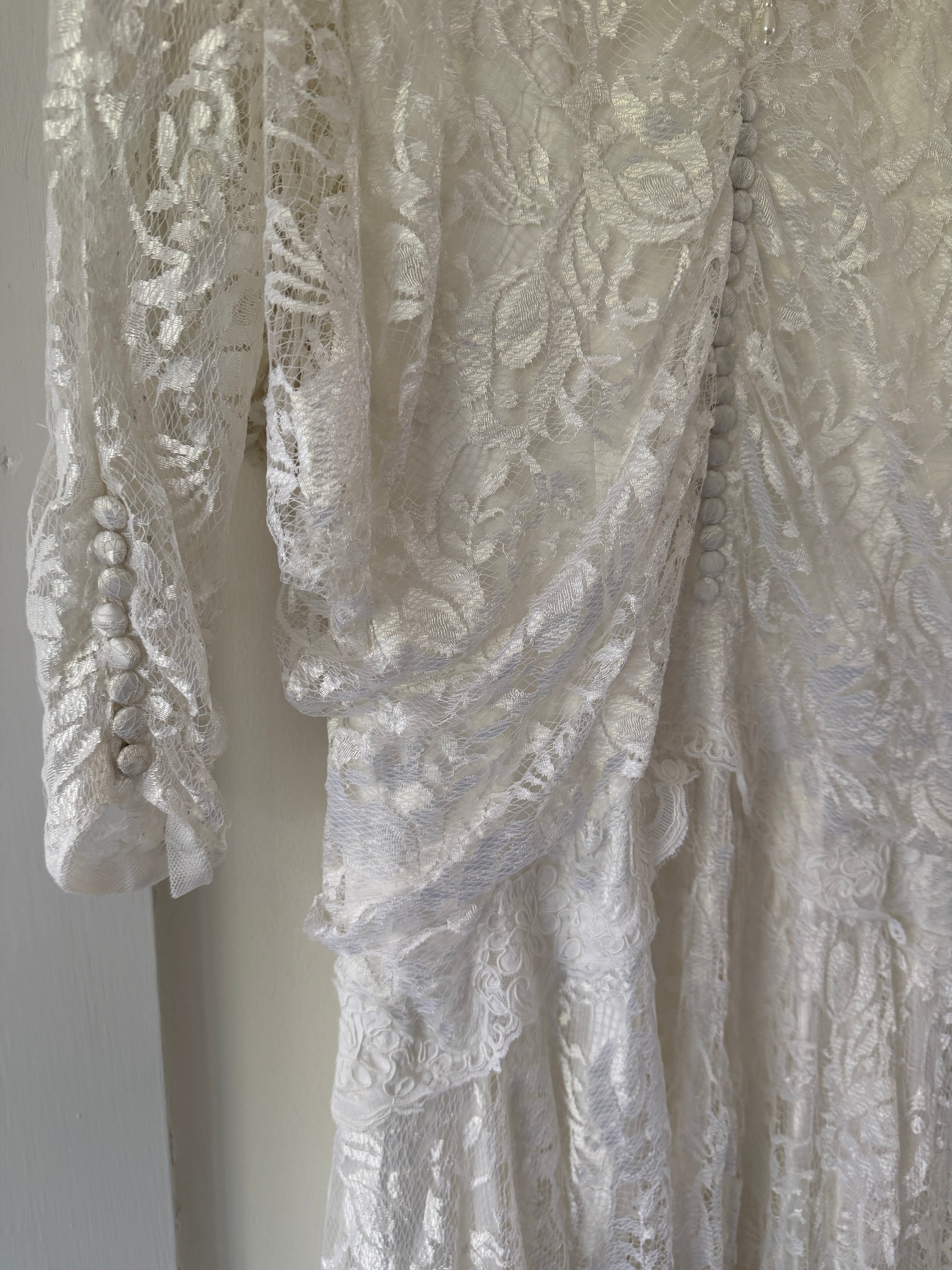 Vintage 80s Chantilly Lace Drop-Waist Dress With Pearl Fringe
