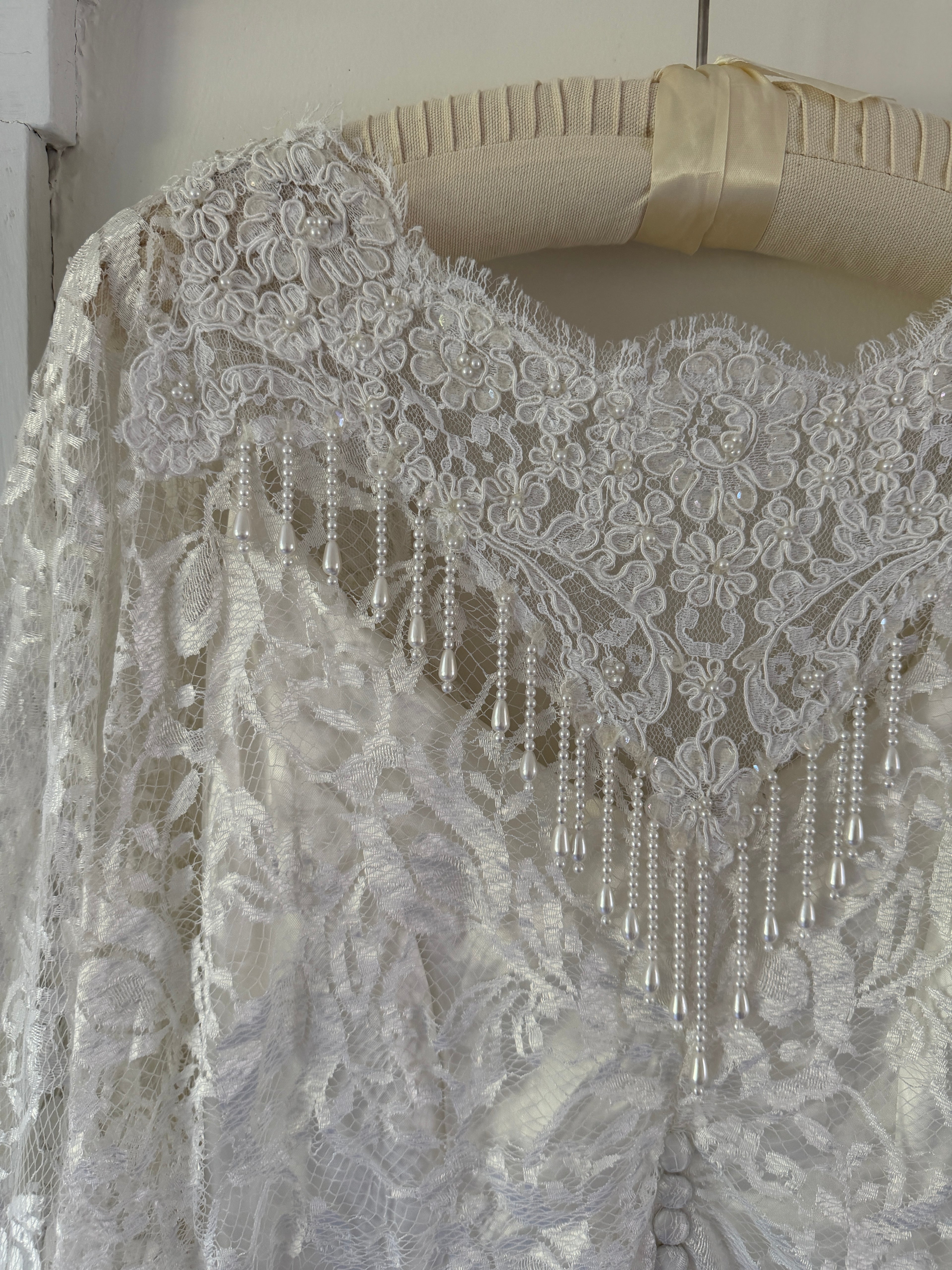 Vintage 80s Chantilly Lace Drop-Waist Dress With Pearl Fringe