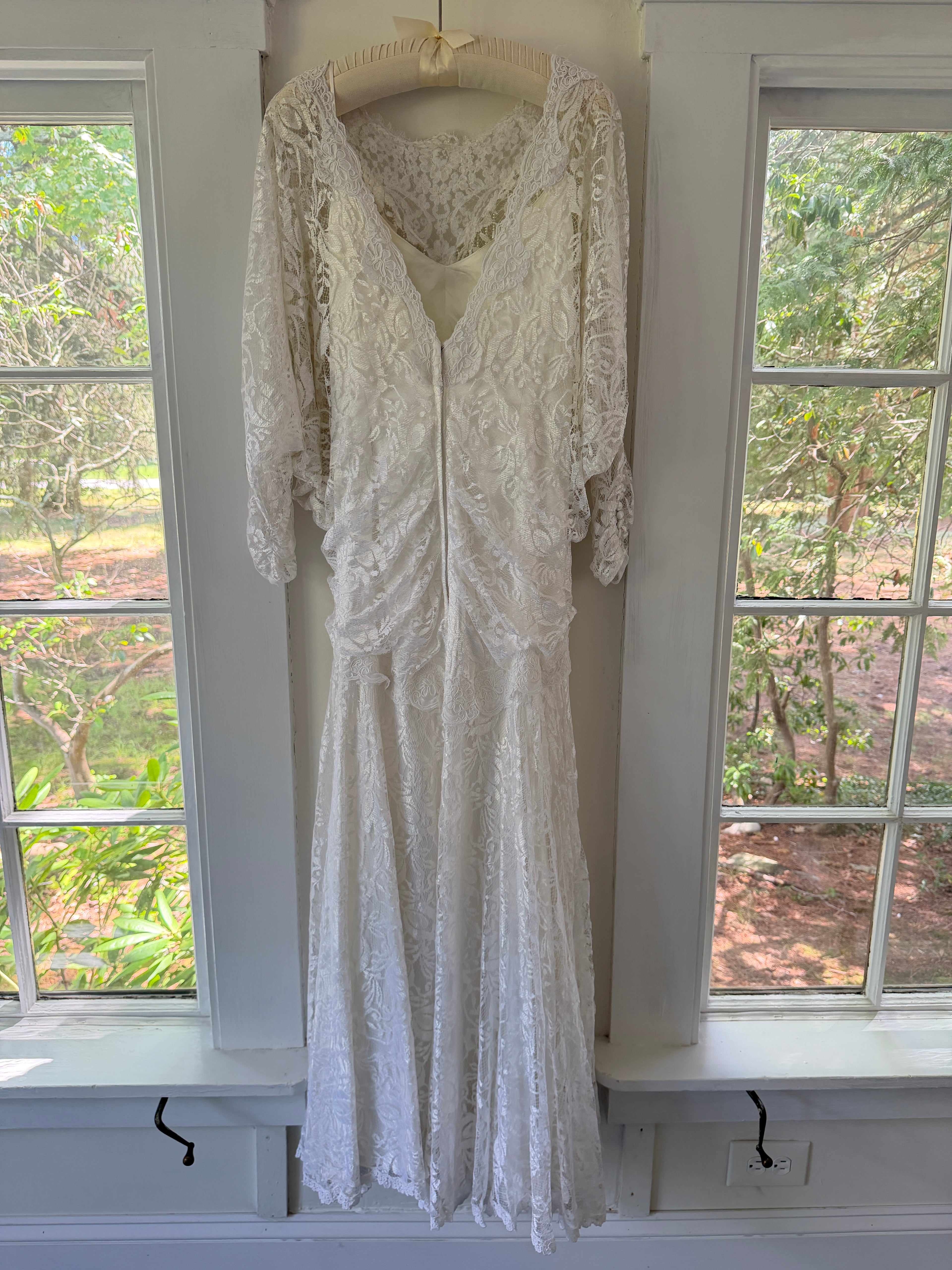 Vintage 80s Chantilly Lace Drop-Waist Dress With Pearl Fringe