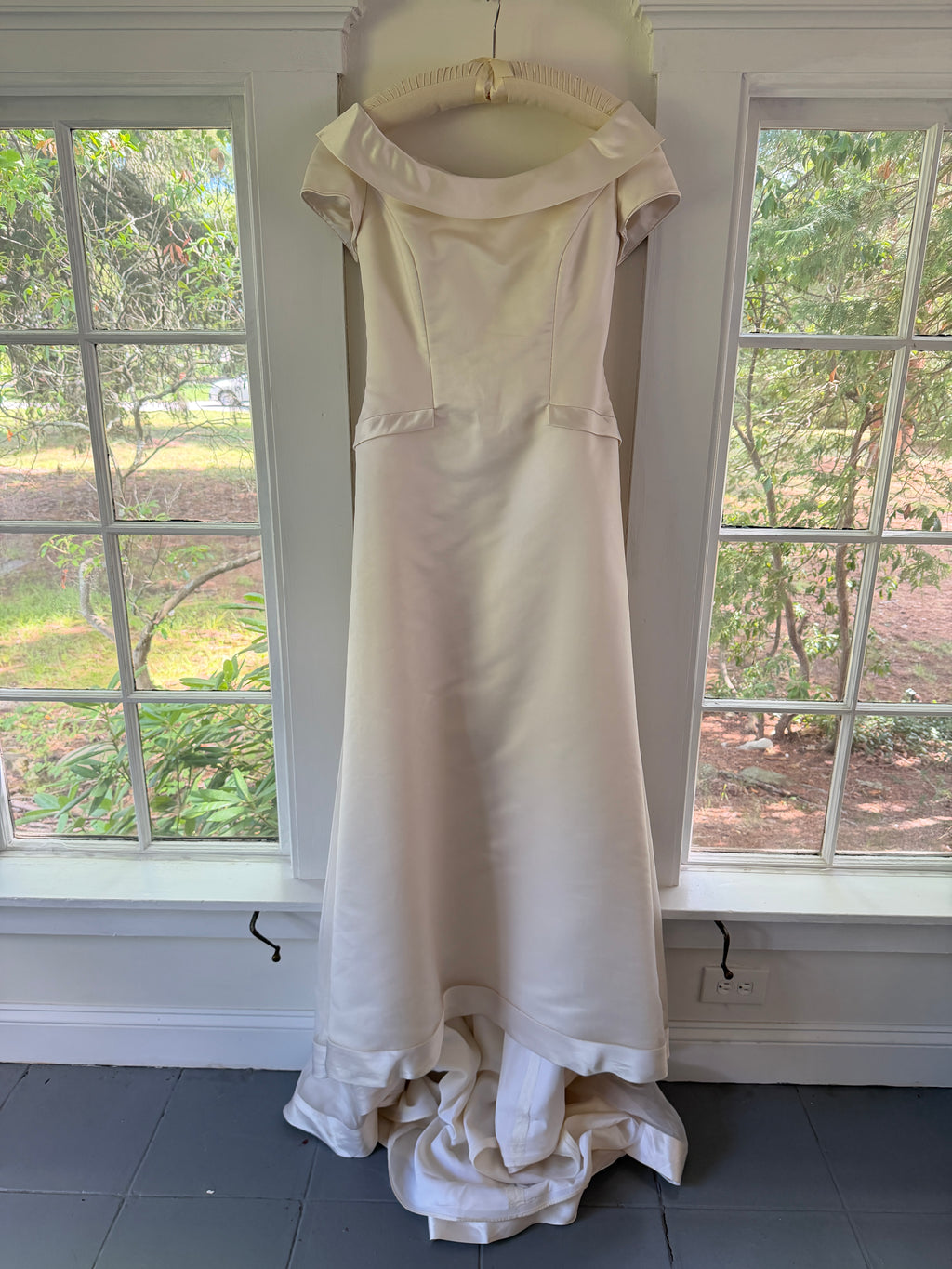 Vintage 90s Couture A-Line Wedding Gown With Off-The-Shoulder Portrait Neckline