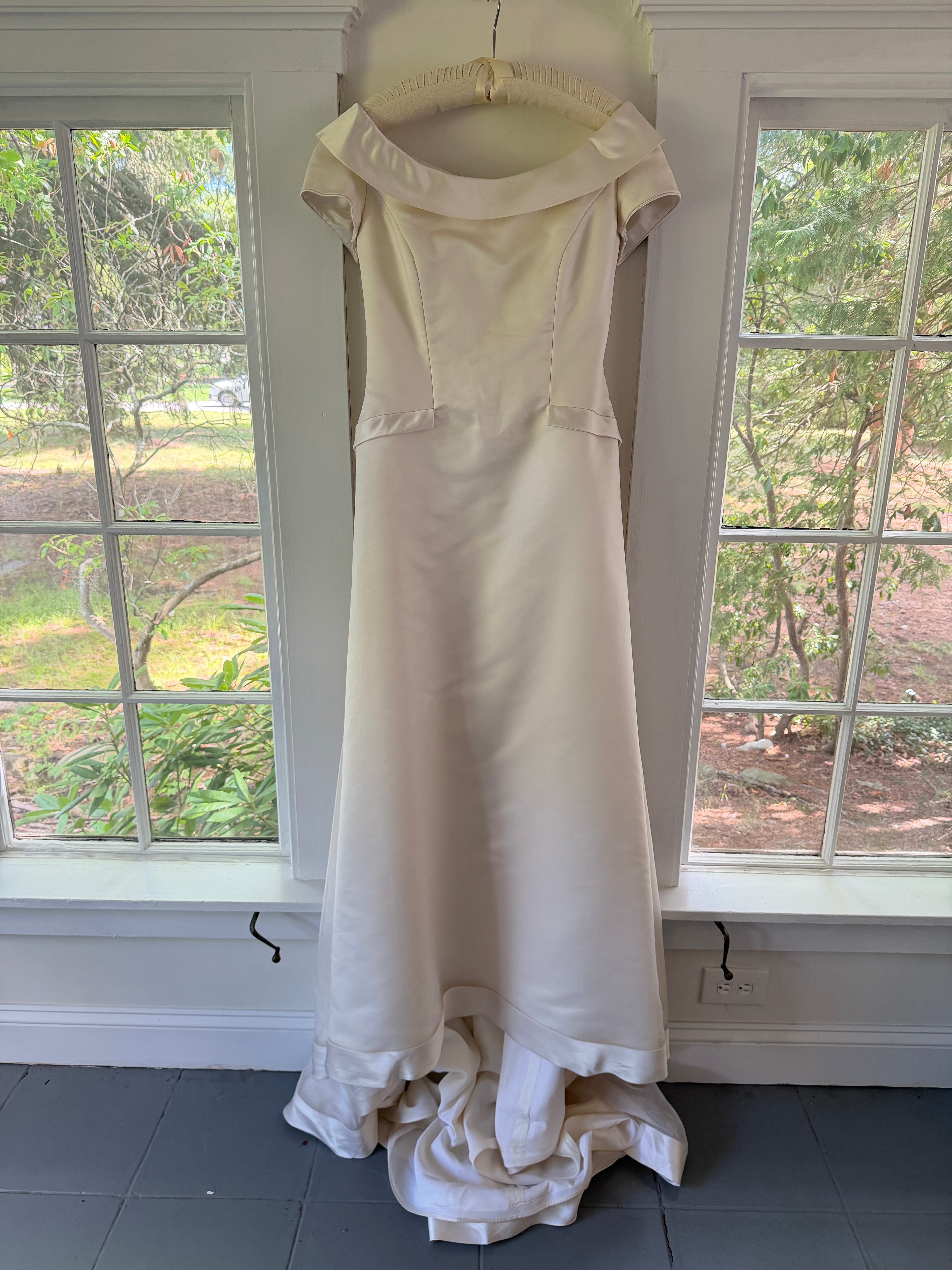 Vintage 90s Couture A-Line Wedding Gown With Off-The-Shoulder Portrait Neckline