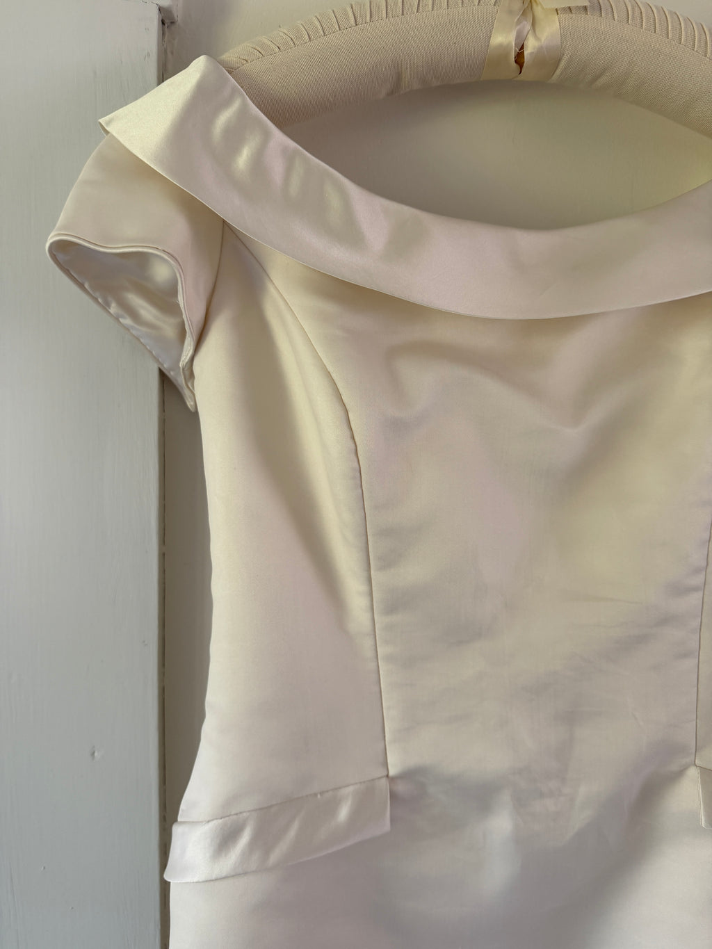 Vintage 90s Couture A-Line Wedding Gown With Off-The-Shoulder Portrait Neckline