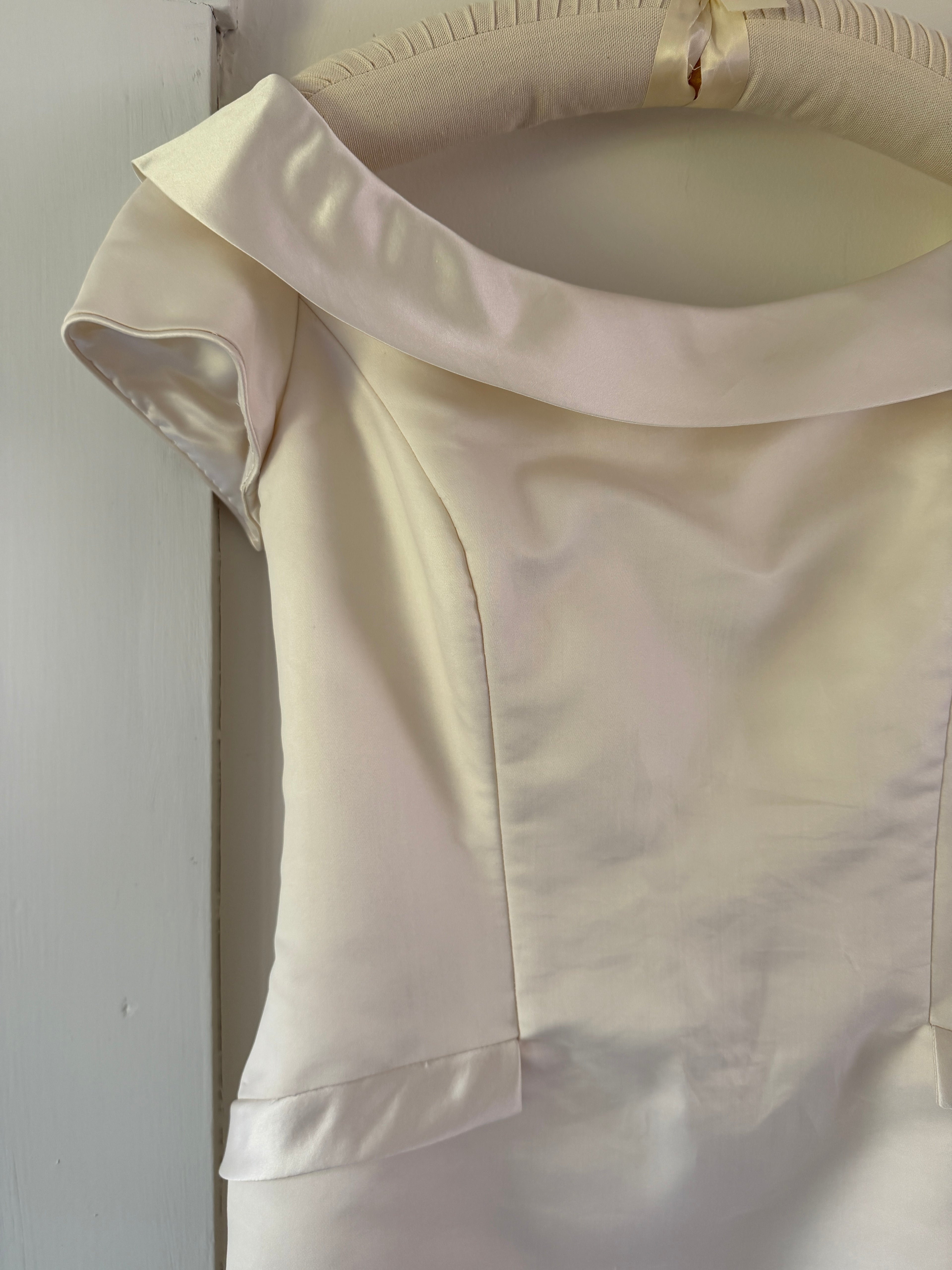 Vintage 90s Couture A-Line Wedding Gown With Off-The-Shoulder Portrait Neckline