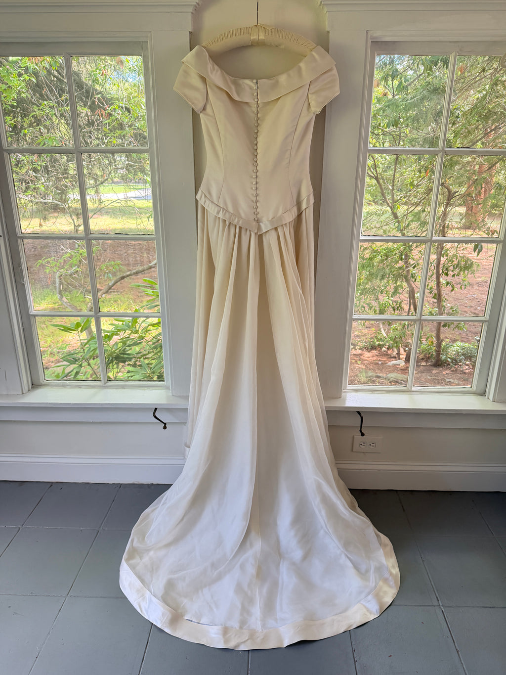 Vintage 90s Couture A-Line Wedding Gown With Off-The-Shoulder Portrait Neckline