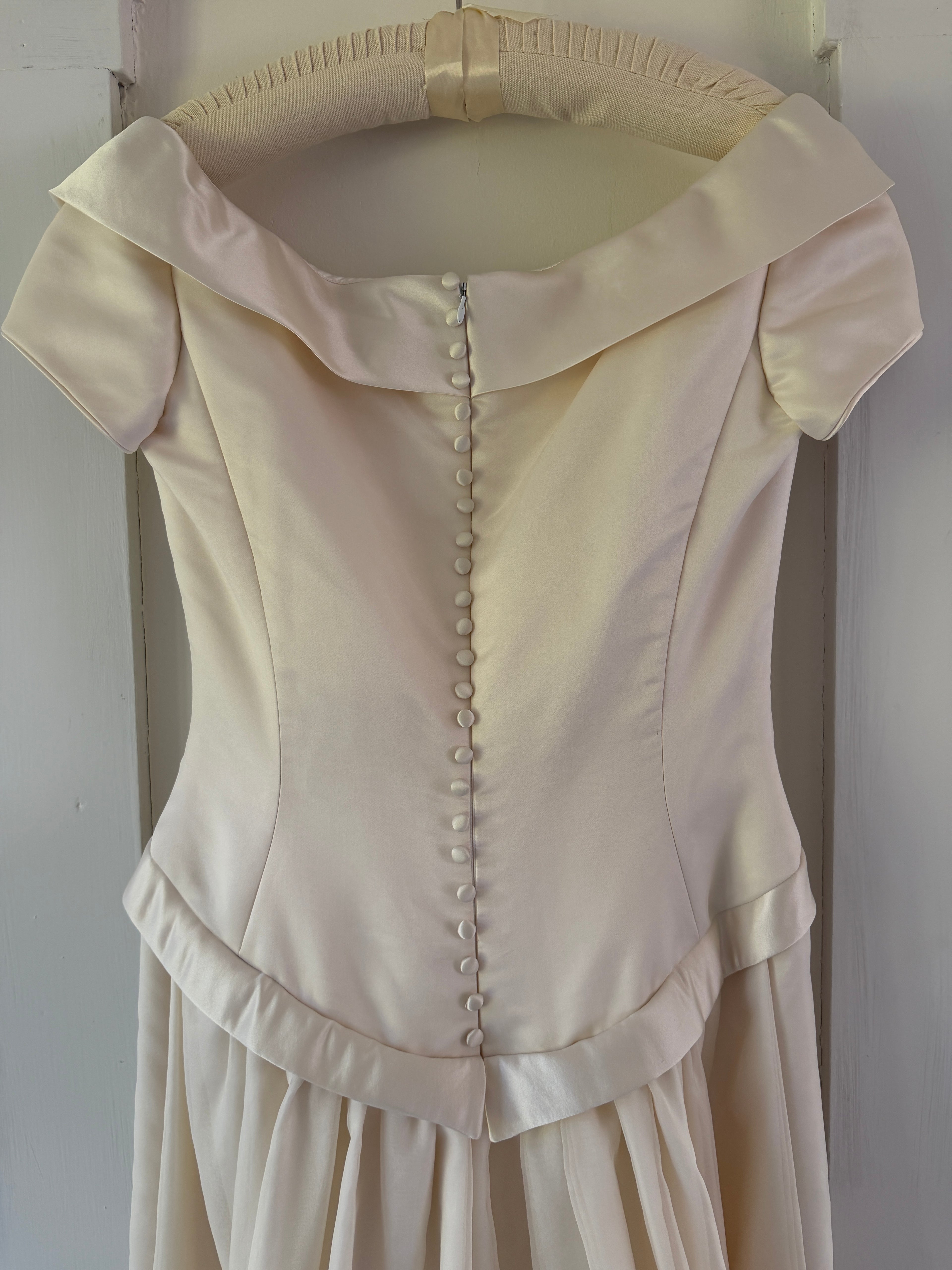 Vintage 90s Couture A-Line Wedding Gown With Off-The-Shoulder Portrait Neckline