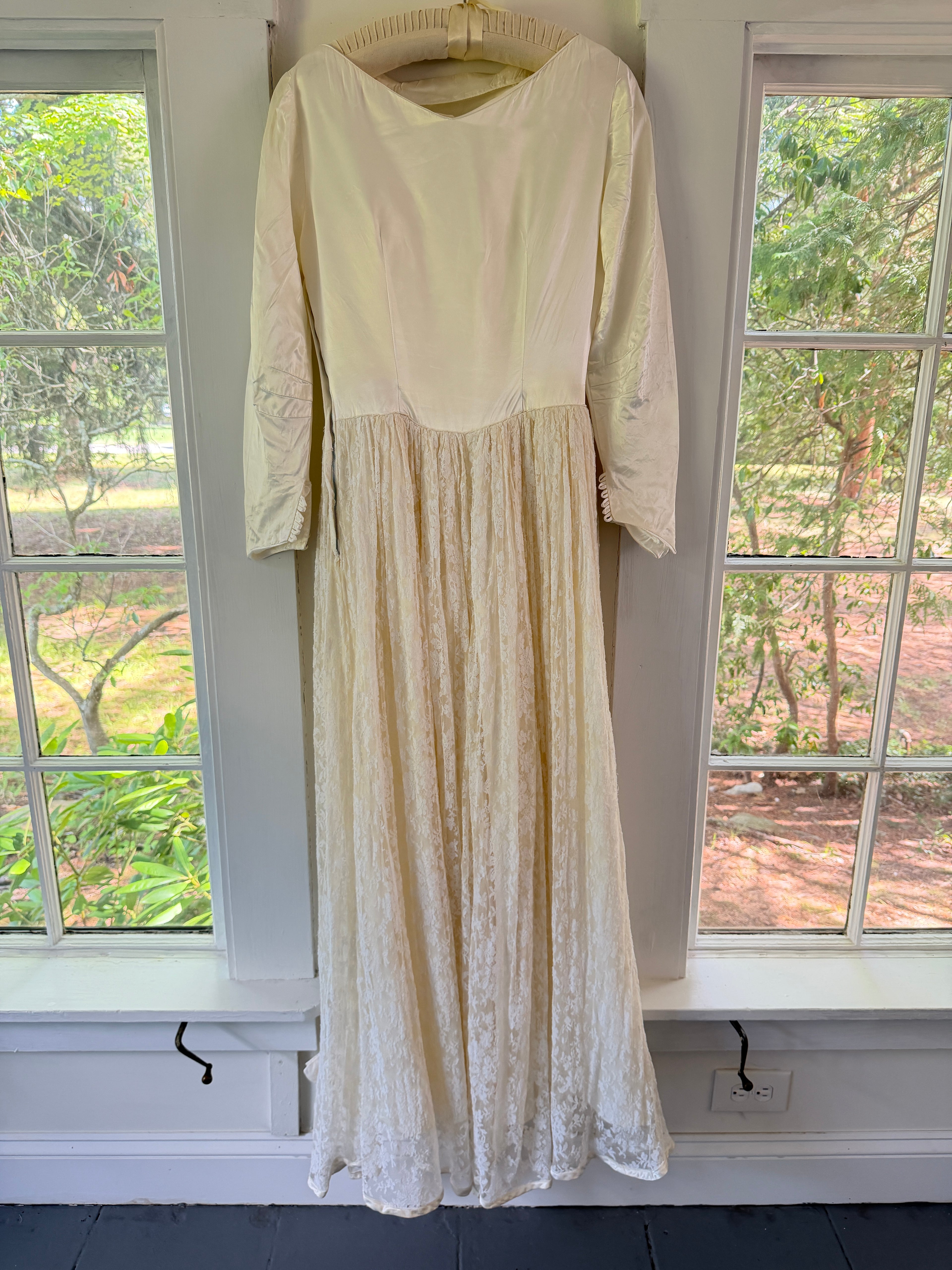 Vintage 40s Handmade Satin Wedding Gown With Lace Overskirt
