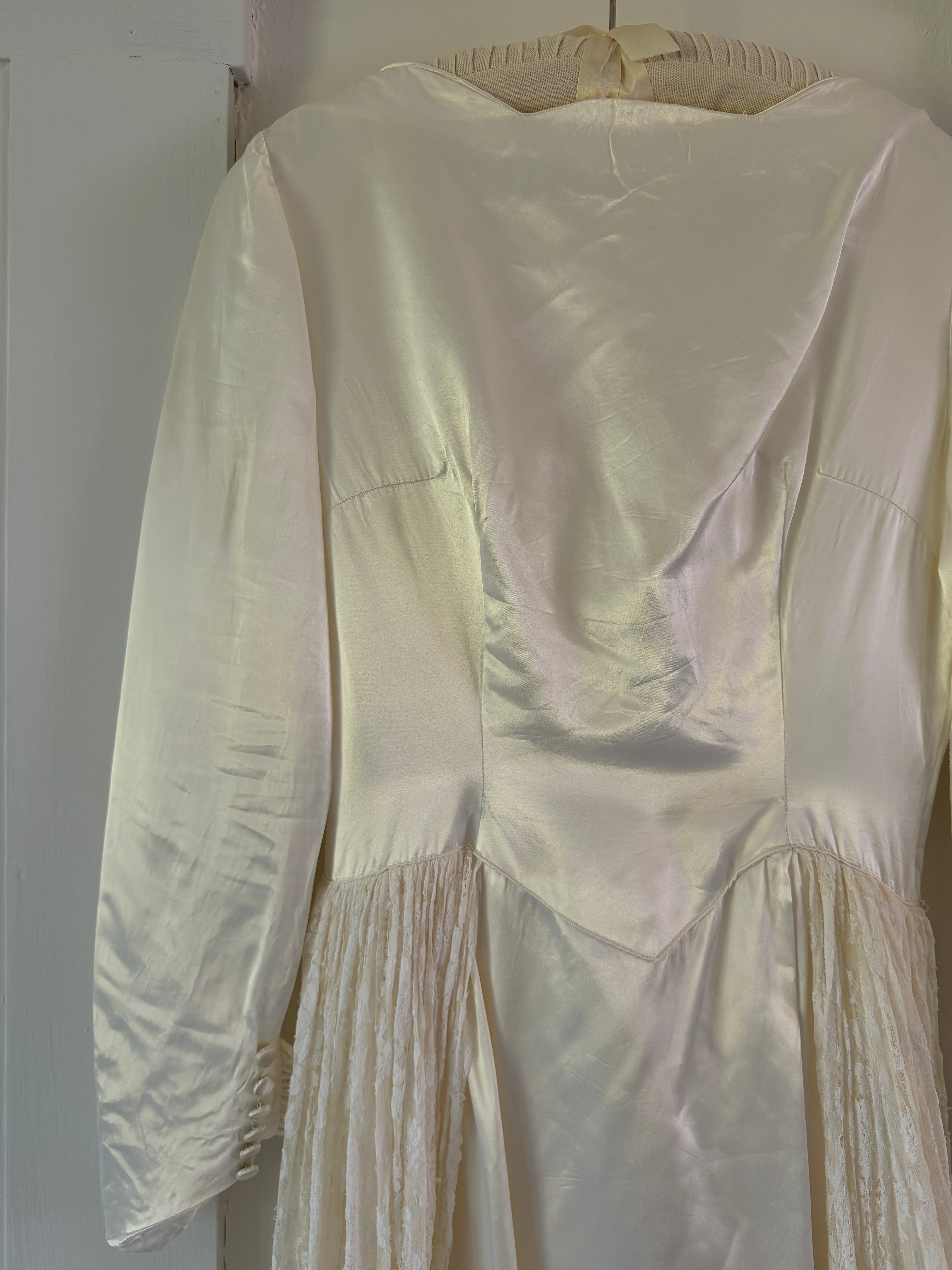 Vintage 40s Handmade Satin Wedding Gown With Lace Overskirt