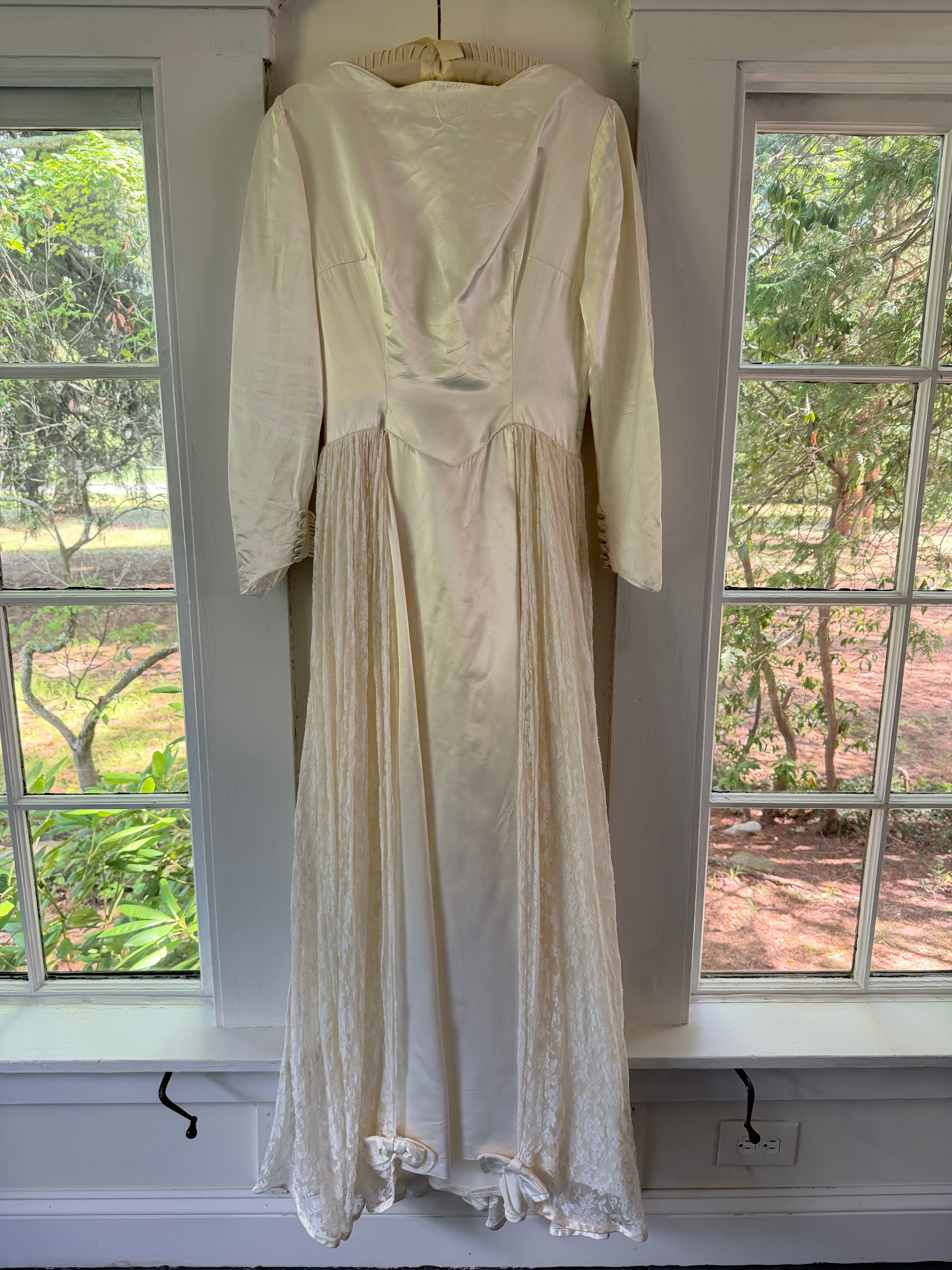 Vintage 40s Handmade Satin Wedding Gown With Lace Overskirt
